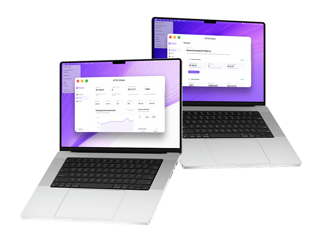 Mockups de laptop: dashboard analítico do VYTA Vision
